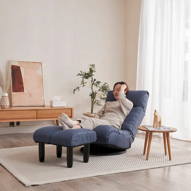 Ensemble fauteuil inclinable pivotant sans accoudoirs bleu marine avec pouf, têtière et dossier réglables