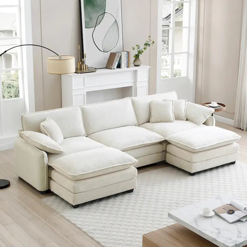 Canapé d'angle en velours côtelé beige (deux poufs inclus)