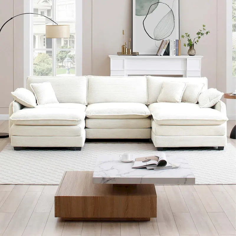 Canapé d'angle en velours côtelé beige (deux poufs inclus)