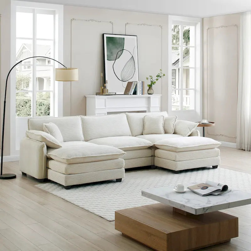 Canapé d'angle en velours côtelé beige (deux poufs inclus)