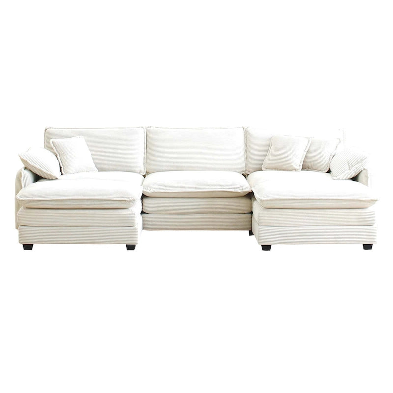 Canapé d'angle en velours côtelé beige (deux poufs inclus)