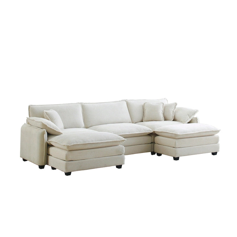 Canapé d'angle en velours côtelé beige (deux poufs inclus)