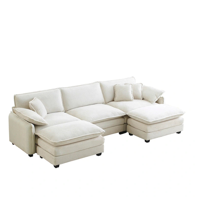 Canapé d'angle en velours côtelé beige (deux poufs inclus)