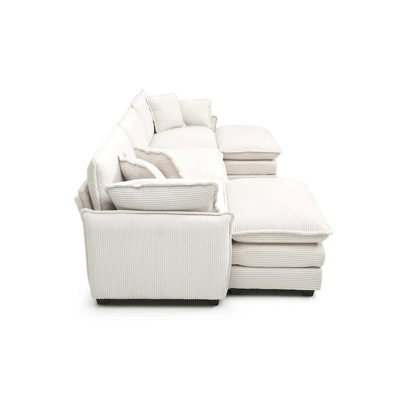 Canapé d'angle en velours côtelé beige (deux poufs inclus)