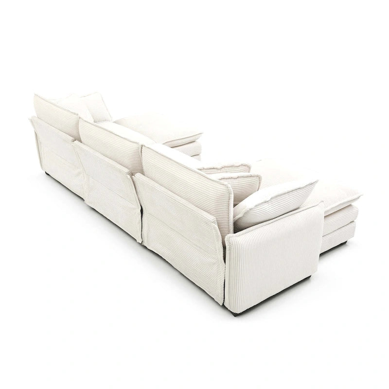 Canapé d'angle en velours côtelé beige (deux poufs inclus)