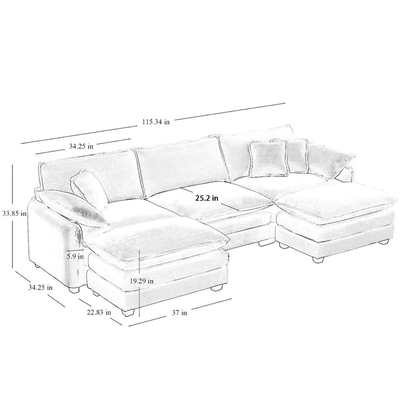Canapé d'angle en velours côtelé beige (deux poufs inclus)