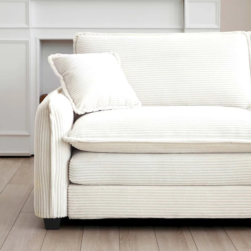 Canapé d'angle en velours côtelé beige (deux poufs inclus)