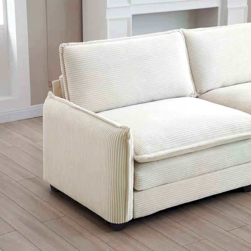 Canapé d'angle en velours côtelé beige (deux poufs inclus)