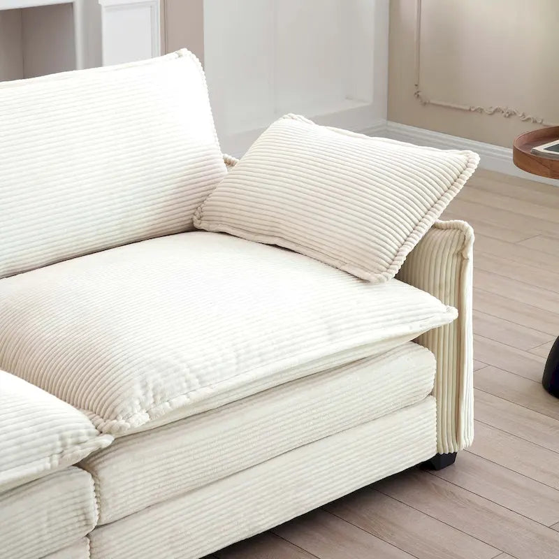 Canapé d'angle en velours côtelé beige (deux poufs inclus)