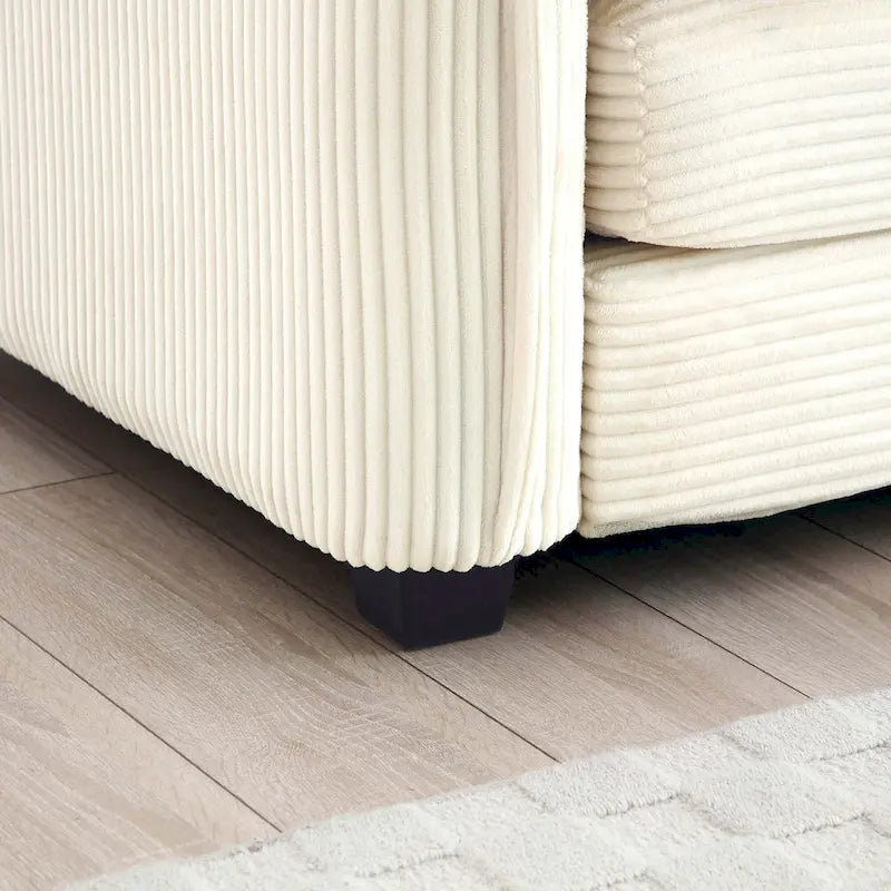 Canapé d'angle en velours côtelé beige (deux poufs inclus)