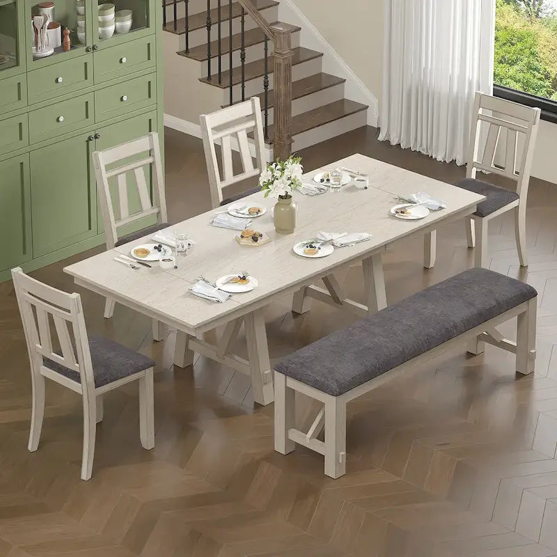 Ensemble table et chaises de salle à manger (avec banc) — Table à manger rectangulaire extensible en bois massif et chaises de salle à manger en bois massif