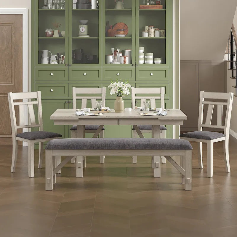 Ensemble table et chaises de salle à manger (avec banc) — Table à manger rectangulaire extensible en bois massif et chaises de salle à manger en bois massif