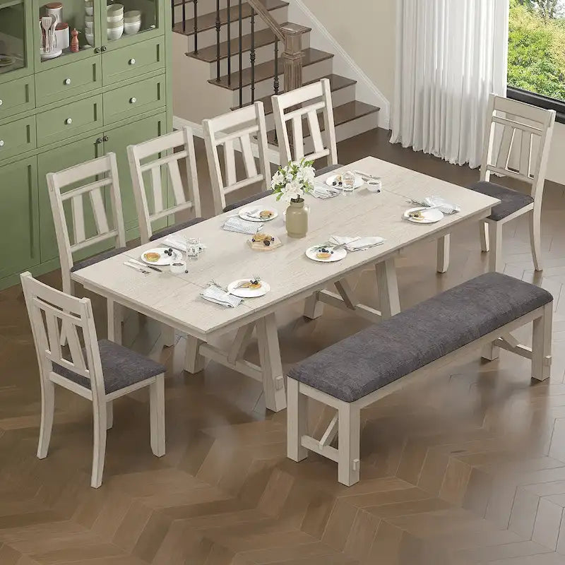 Ensemble table et chaises de salle à manger (avec banc) — Table à manger rectangulaire extensible en bois massif et chaises de salle à manger en bois massif