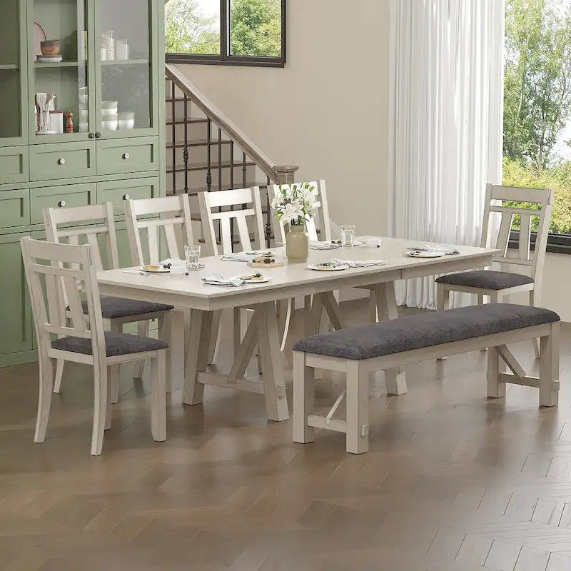 Ensemble table et chaises de salle à manger (avec banc) — Table à manger rectangulaire extensible en bois massif et chaises de salle à manger en bois massif