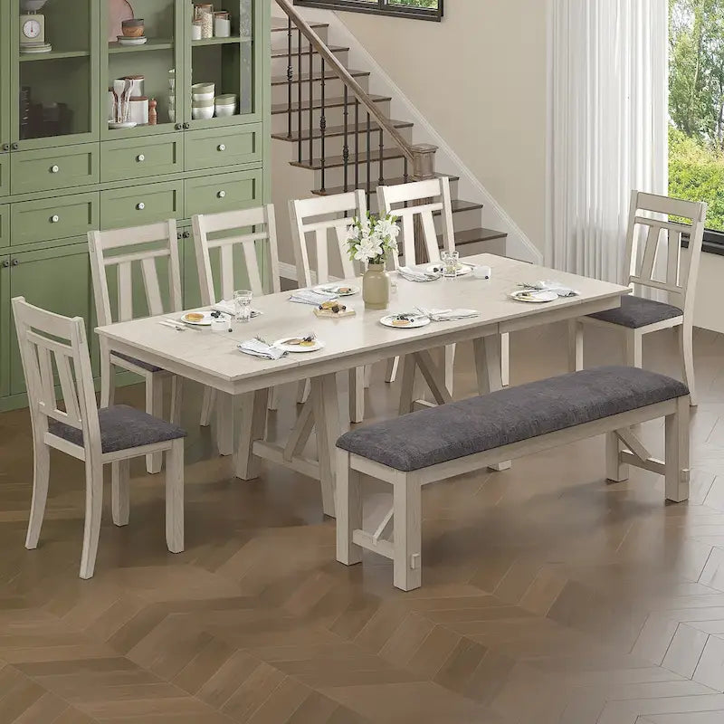 Ensemble table et chaises de salle à manger (avec banc) — Table à manger rectangulaire extensible en bois massif et chaises de salle à manger en bois massif