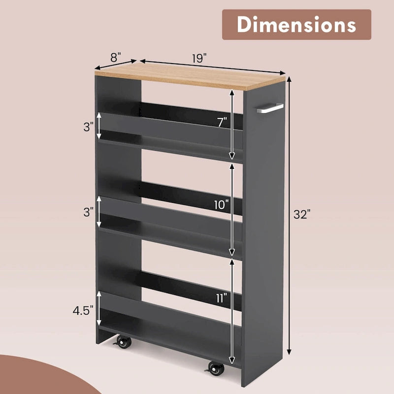 Chariot de rangement roulant à quatre niveaux, chariot de cuisine ultra-mince de 20 cm (avec roues)