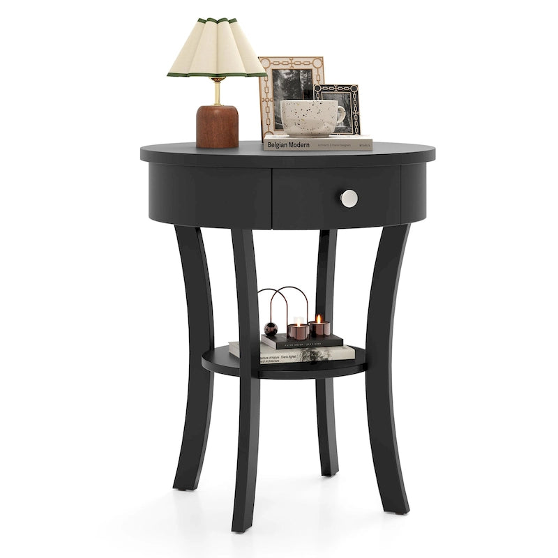 Table de chevet ronde à double plateau, adaptée à la chambre et au salon.