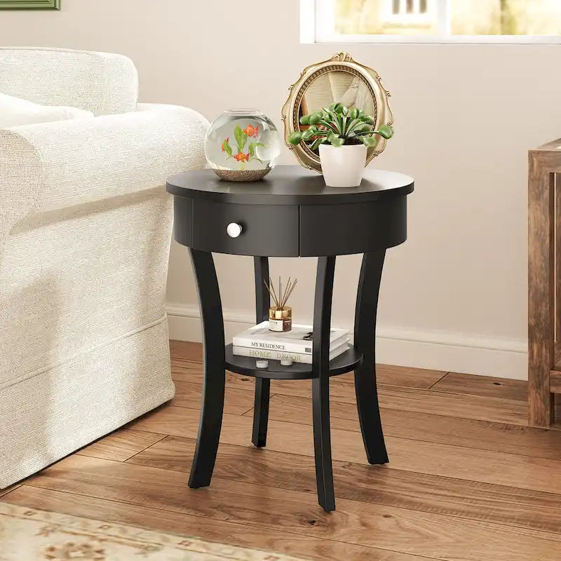 Table de chevet ronde à double plateau, adaptée à la chambre et au salon.