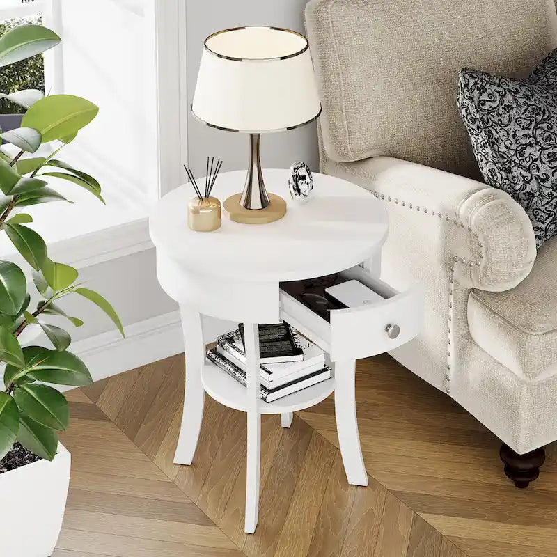 Table de chevet ronde à double plateau, adaptée à la chambre et au salon.