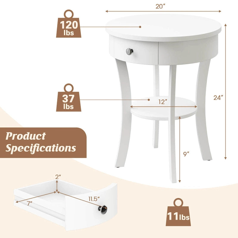 Table de chevet ronde à double plateau, adaptée à la chambre et au salon.