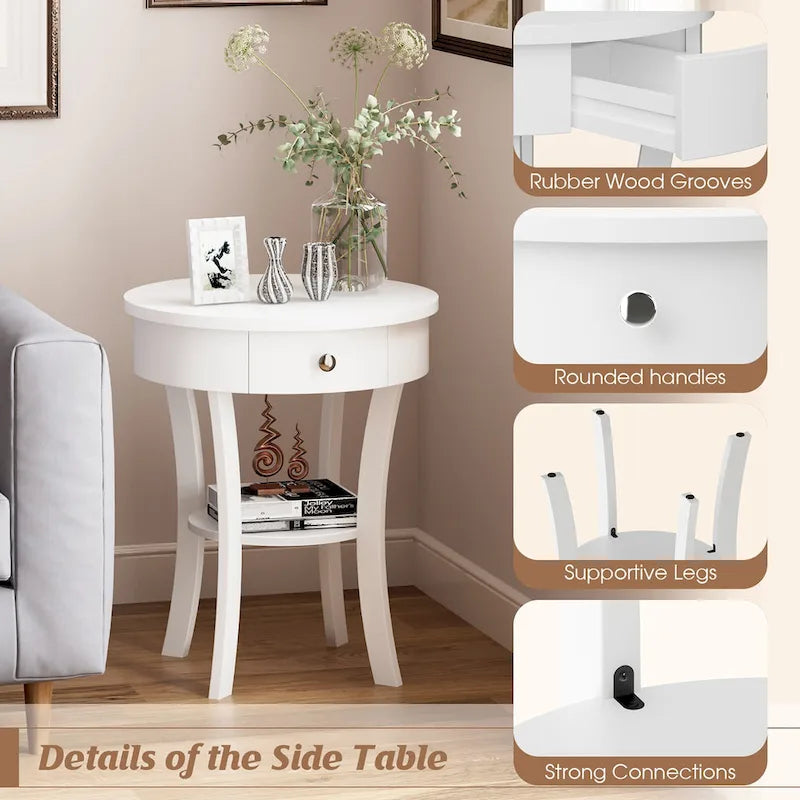 Table de chevet ronde à double plateau, adaptée à la chambre et au salon.