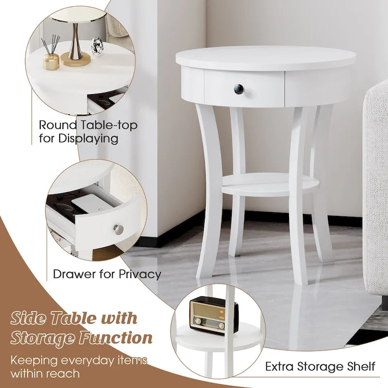 Table de chevet ronde à double plateau, adaptée à la chambre et au salon.
