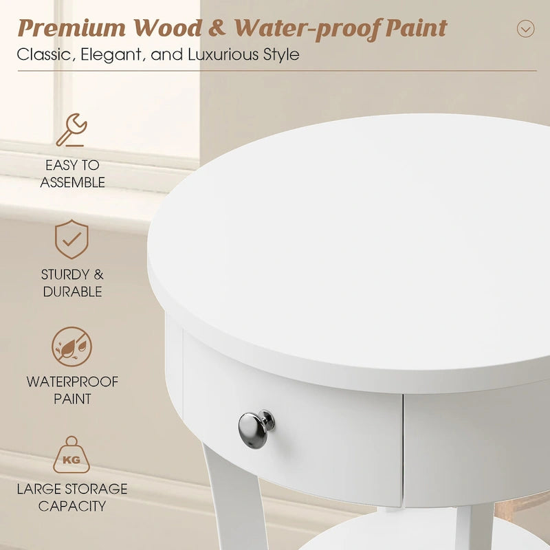 Table de chevet ronde à double plateau, adaptée à la chambre et au salon.