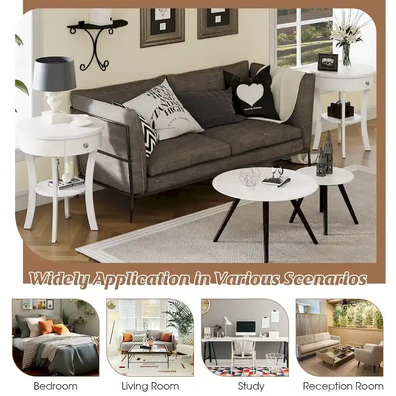 Table de chevet ronde à double plateau, adaptée à la chambre et au salon.
