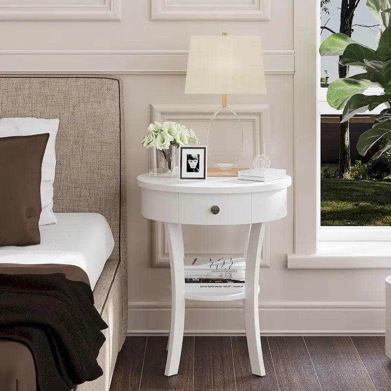 Table de chevet ronde à double plateau, adaptée à la chambre et au salon.