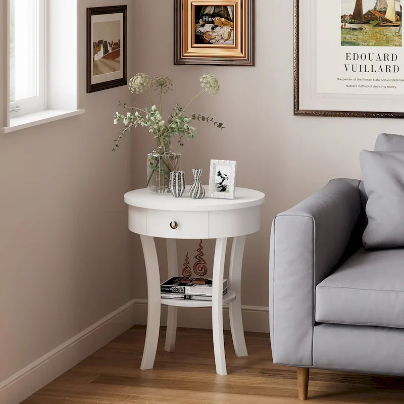 Table de chevet ronde à double plateau, adaptée à la chambre et au salon.