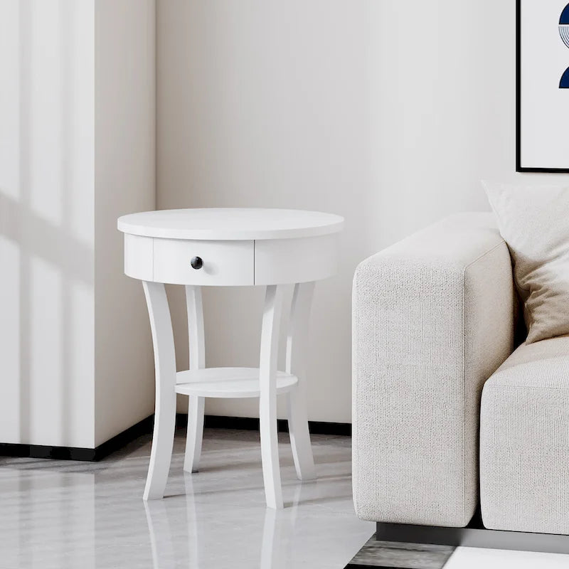 Table de chevet ronde à double plateau, adaptée à la chambre et au salon.