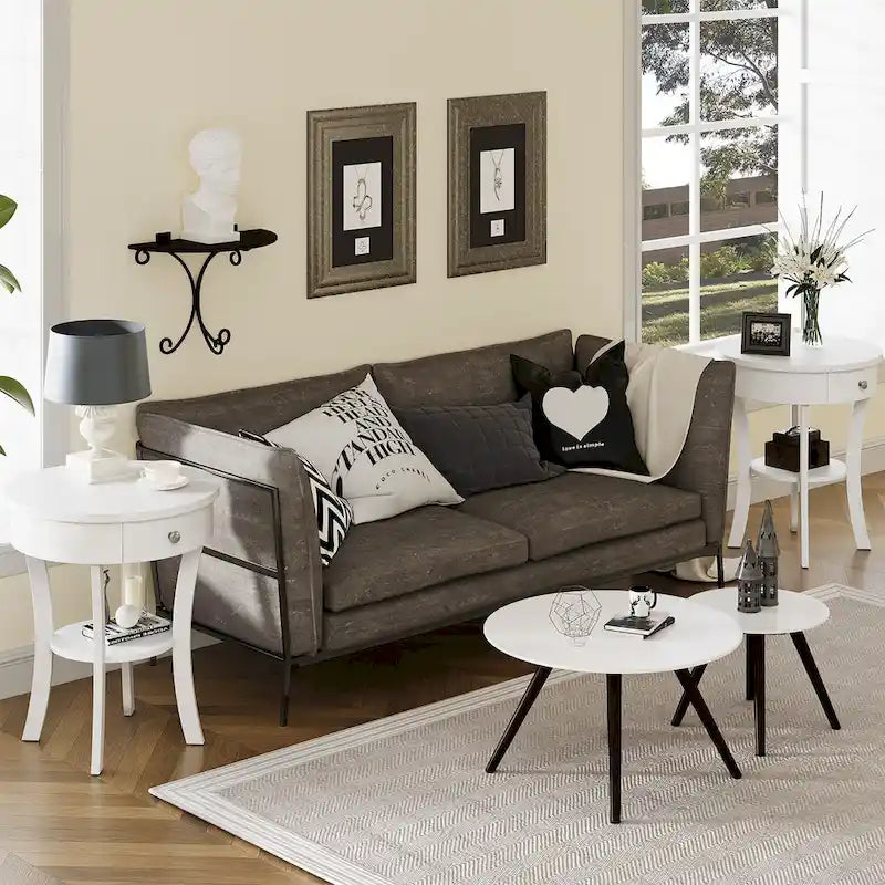 Table de chevet ronde à double plateau, adaptée à la chambre et au salon.