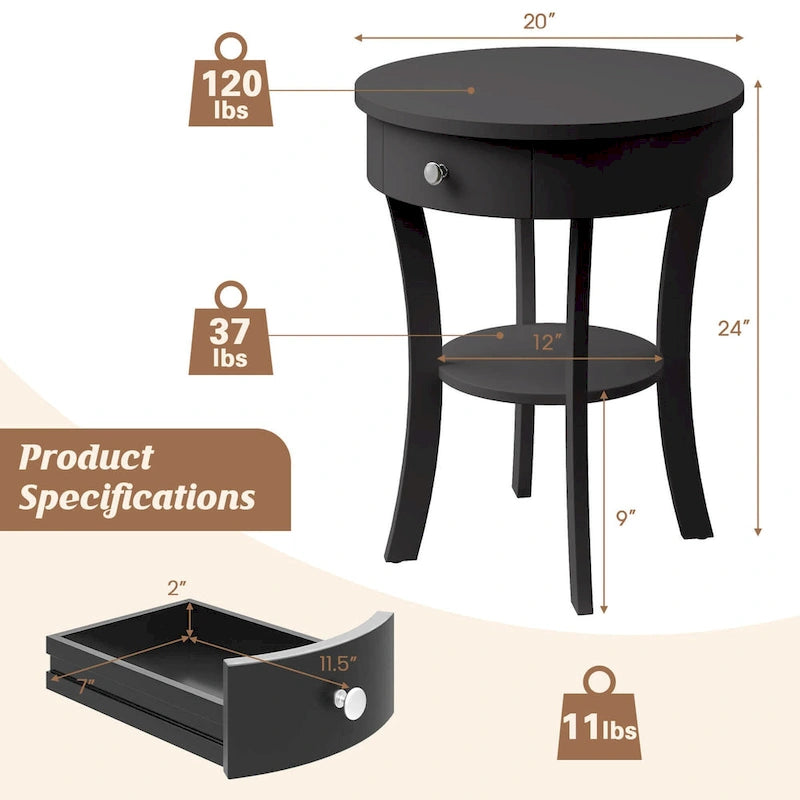 Table de chevet ronde à double plateau, adaptée à la chambre et au salon.
