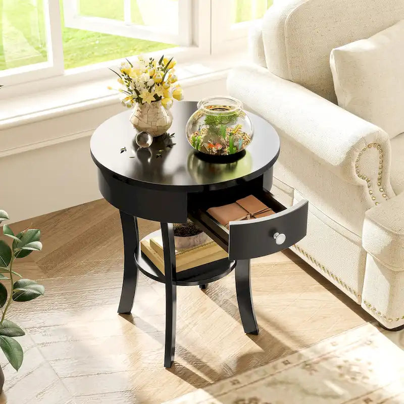 Table de chevet ronde à double plateau, adaptée à la chambre et au salon.