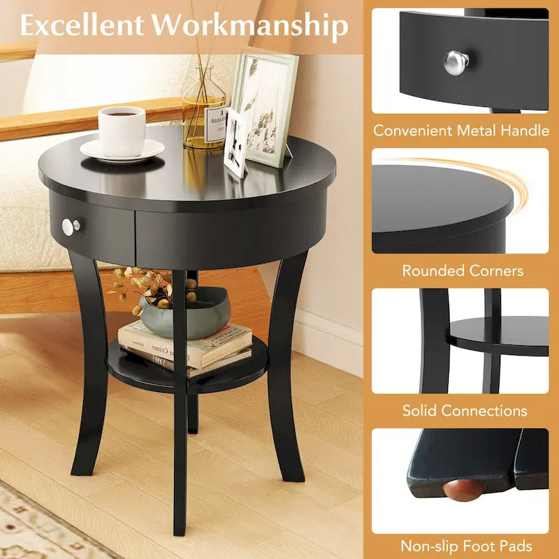 Table de chevet ronde à double plateau, adaptée à la chambre et au salon.