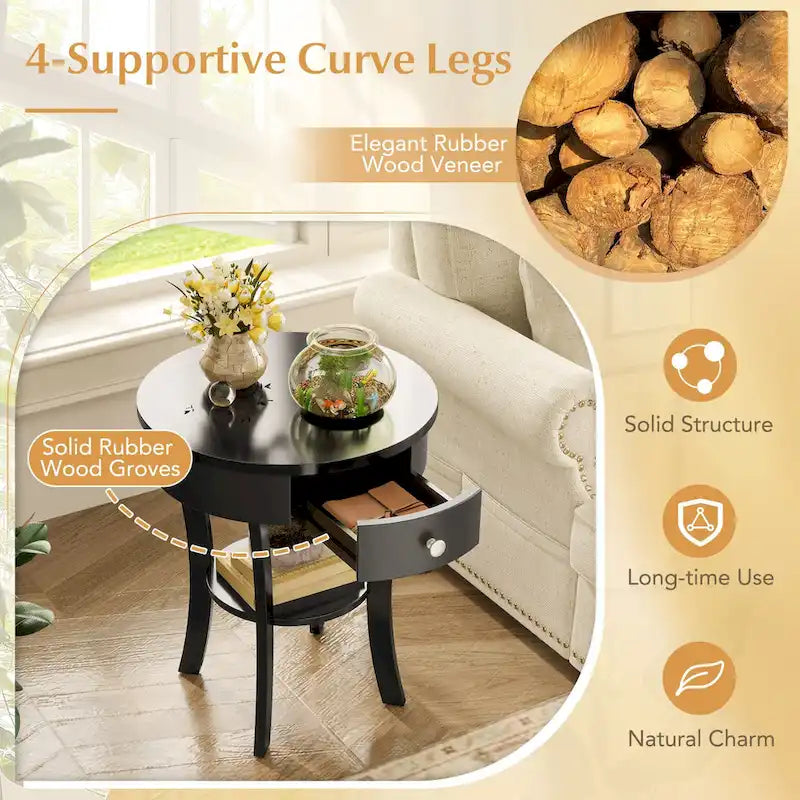 Table de chevet ronde à double plateau, adaptée à la chambre et au salon.