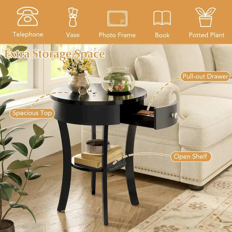 Table de chevet ronde à double plateau, adaptée à la chambre et au salon.