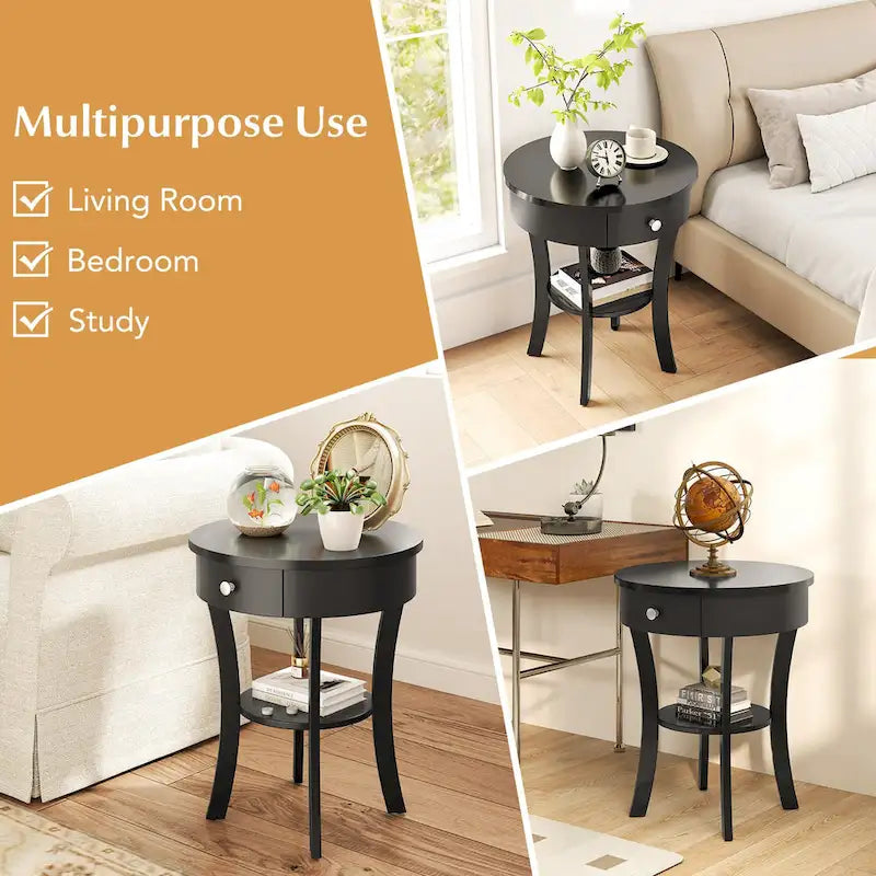 Table de chevet ronde à double plateau, adaptée à la chambre et au salon.