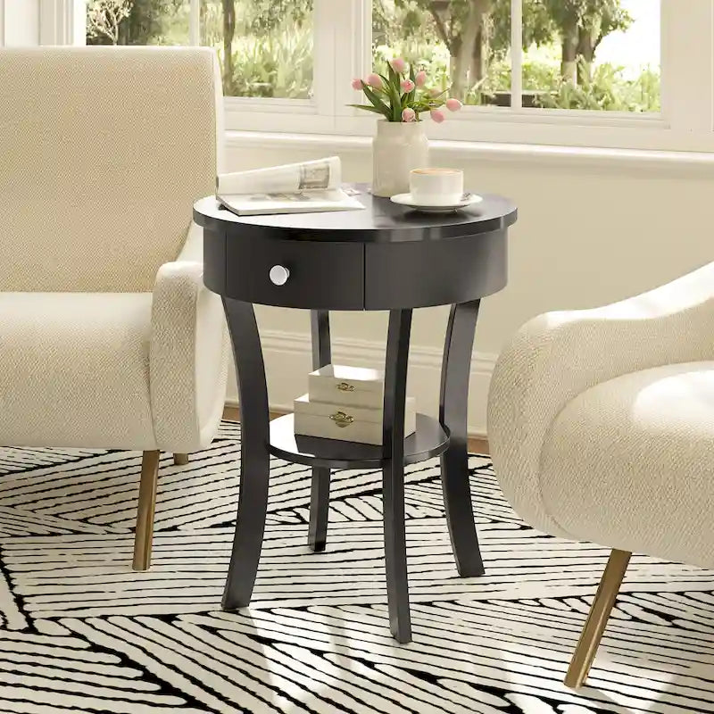 Table de chevet ronde à double plateau, adaptée à la chambre et au salon.