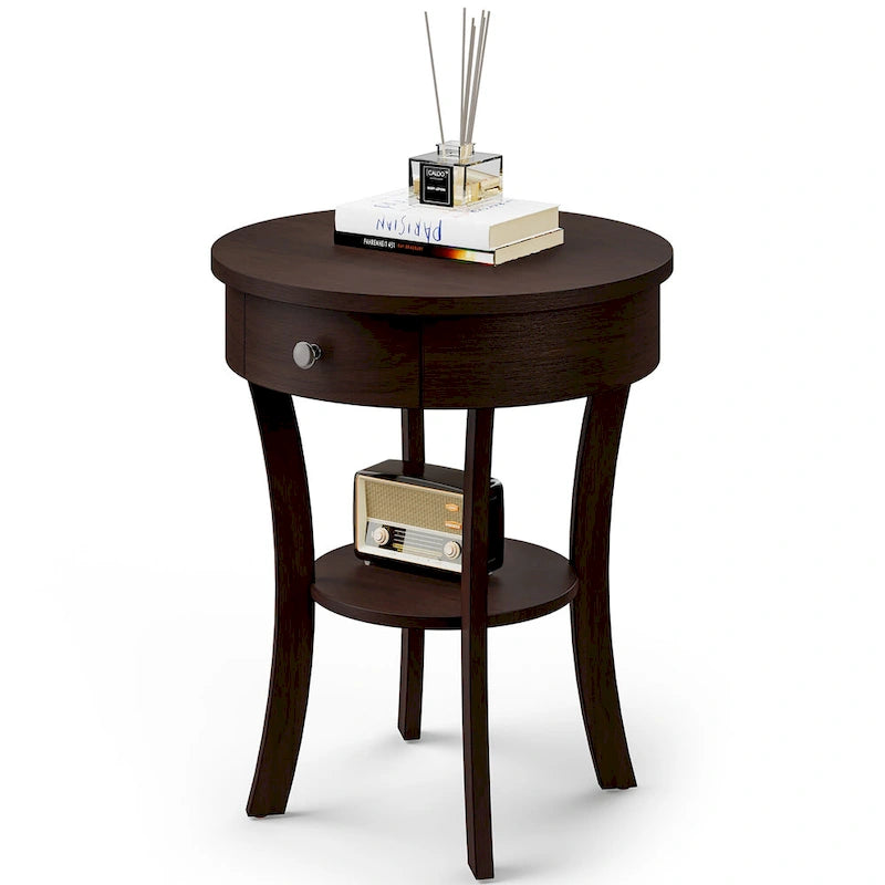 Table de chevet ronde à double plateau, adaptée à la chambre et au salon.