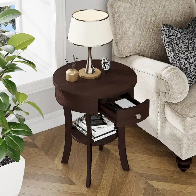 Table de chevet ronde à double plateau, adaptée à la chambre et au salon.