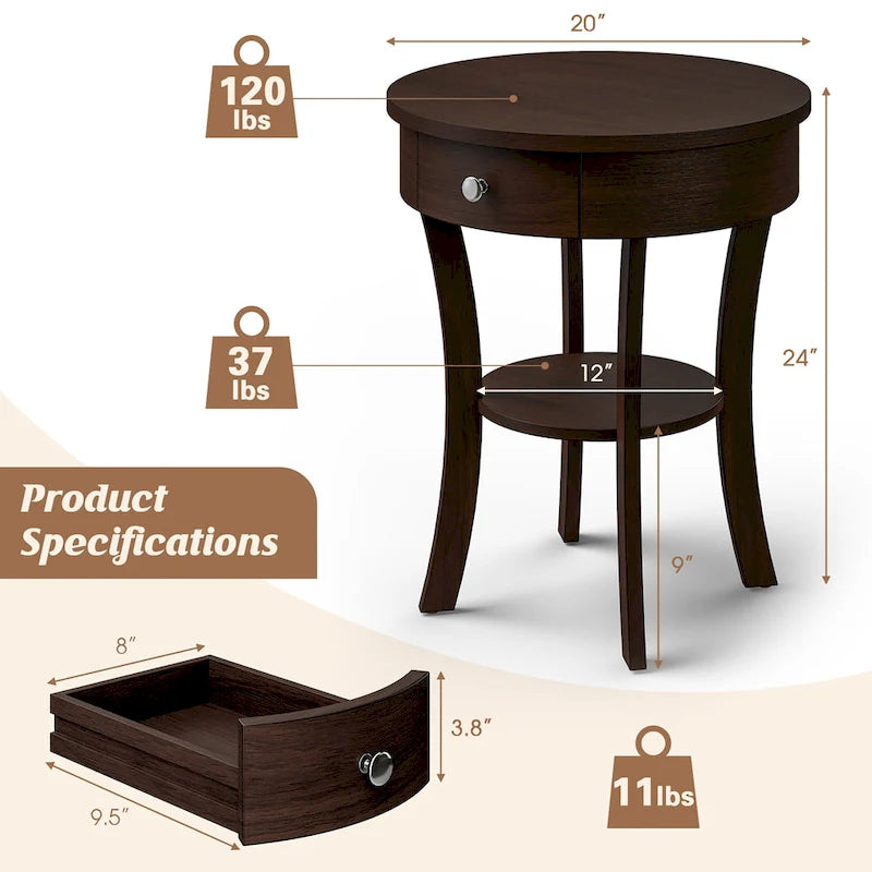 Table de chevet ronde à double plateau, adaptée à la chambre et au salon.