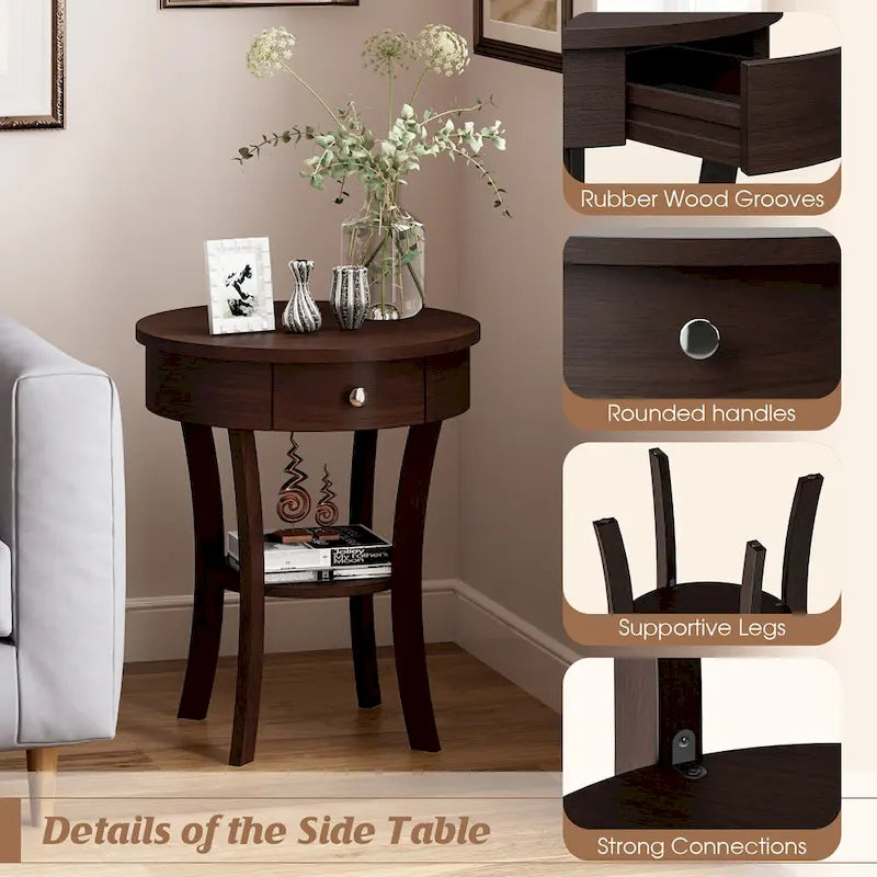 Table de chevet ronde à double plateau, adaptée à la chambre et au salon.