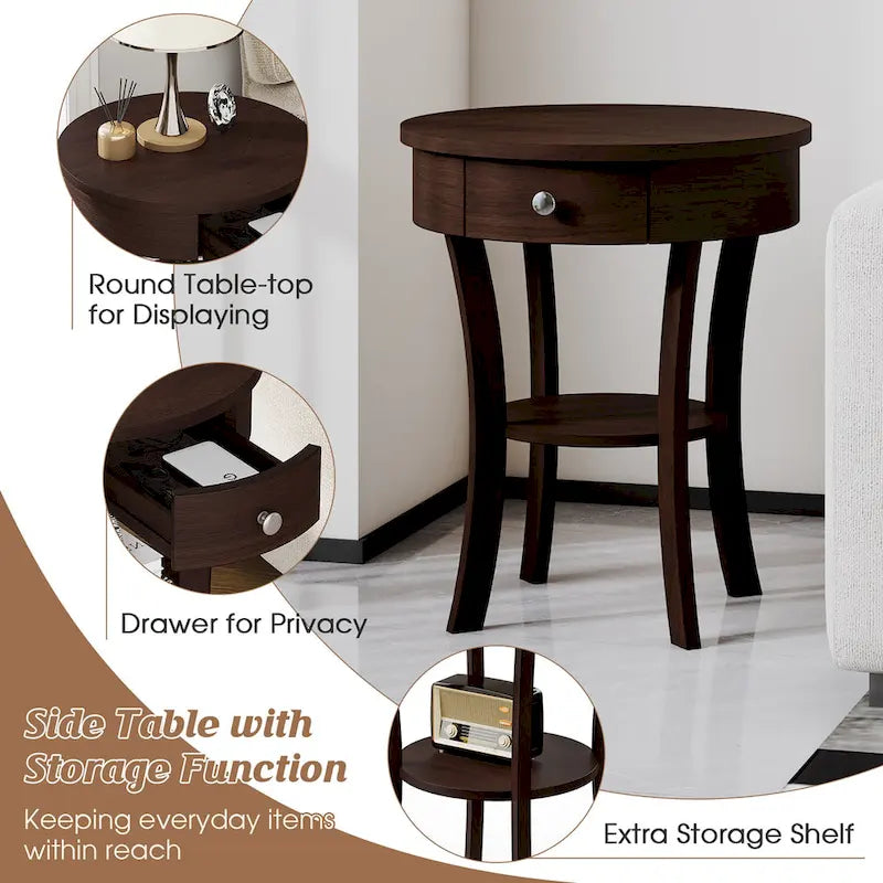 Table de chevet ronde à double plateau, adaptée à la chambre et au salon.