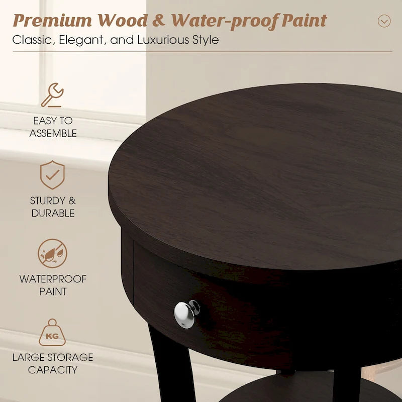 Table de chevet ronde à double plateau, adaptée à la chambre et au salon.