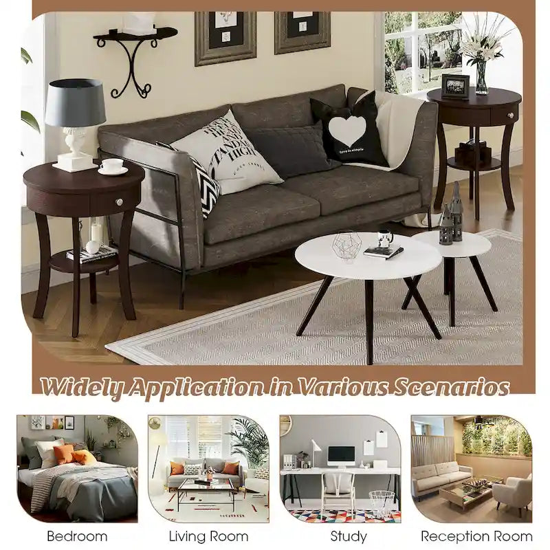 Table de chevet ronde à double plateau, adaptée à la chambre et au salon.