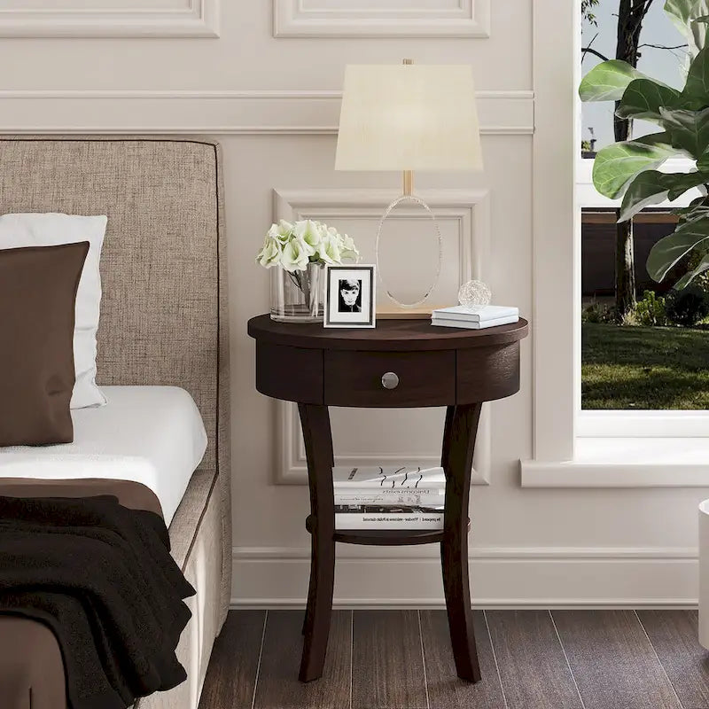 Table de chevet ronde à double plateau, adaptée à la chambre et au salon.