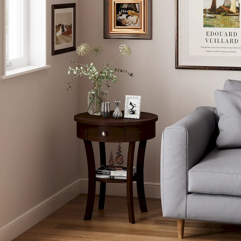 Table de chevet ronde à double plateau, adaptée à la chambre et au salon.