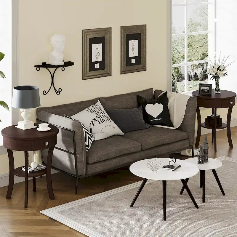 Table de chevet ronde à double plateau, adaptée à la chambre et au salon.