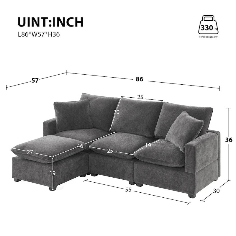 Canapé d'angle modulable en L, canapé sectionnel 4 places en chenille